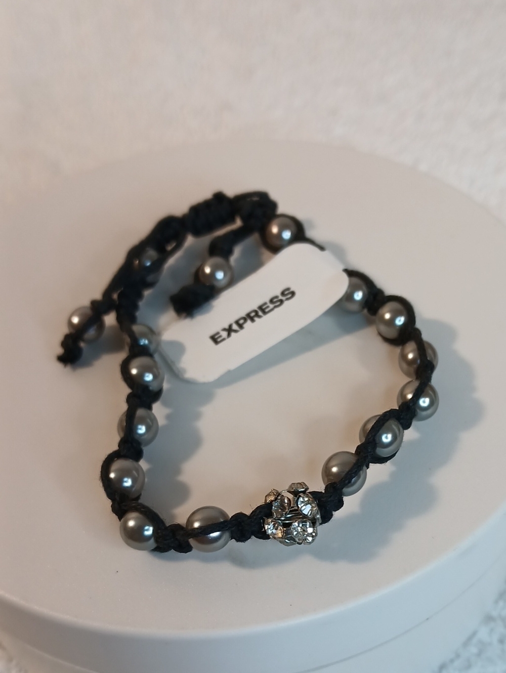 Express Gunmetal Beaded Macrame Bracelet with Sparkle Accent